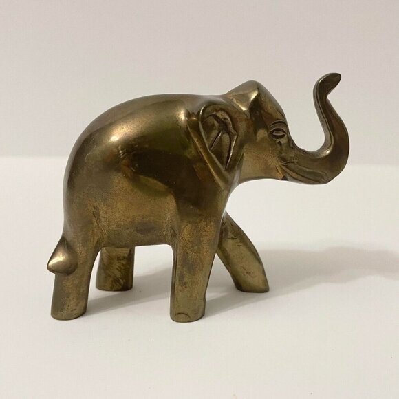 Vintage Brass Elephant Figure 3.5 Inch Long Trunk Up Figurine - Picture 4 of 16